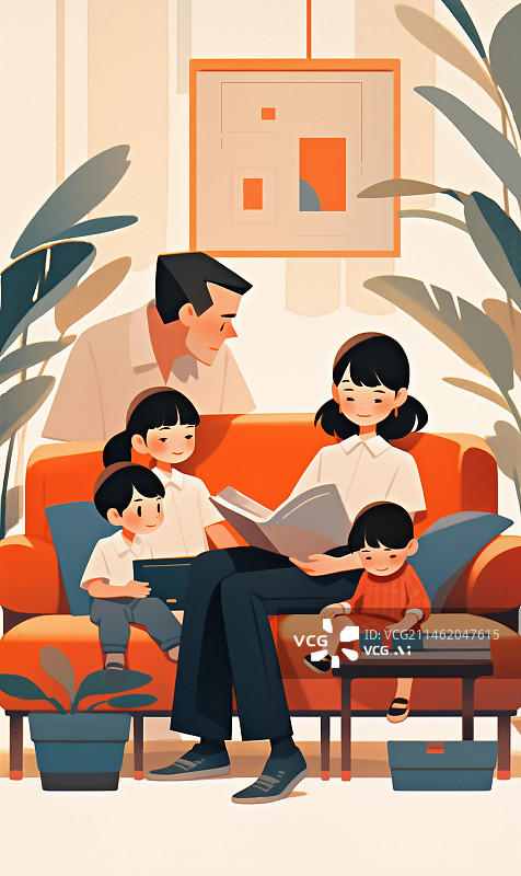 【AI数字艺术】父母陪伴三个小孩在读书幸福插画图片素材