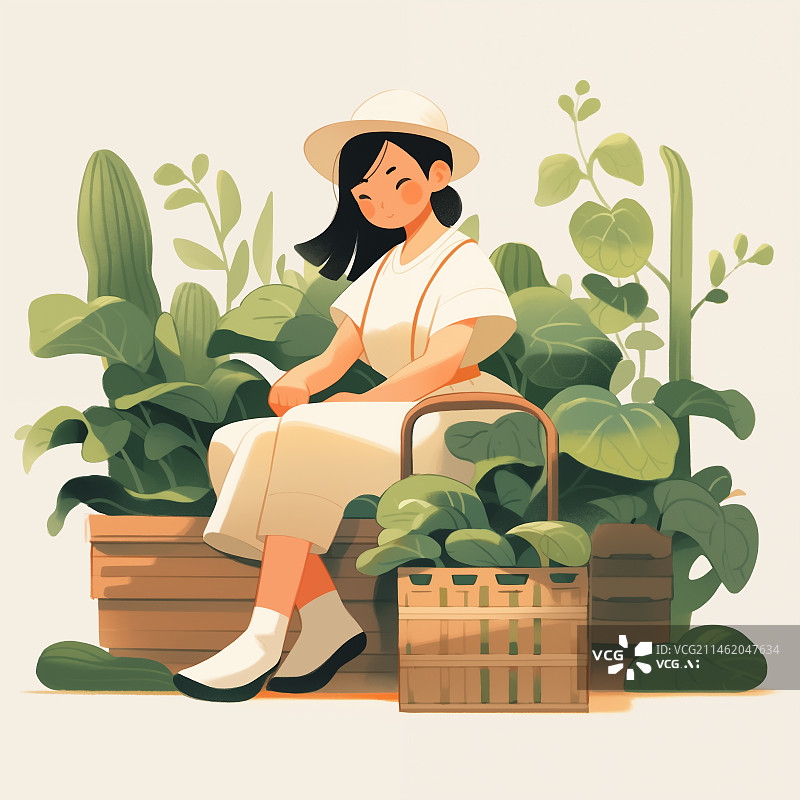 【AI数字艺术】一位少女坐在花盆旁边绿色生活插画图片素材