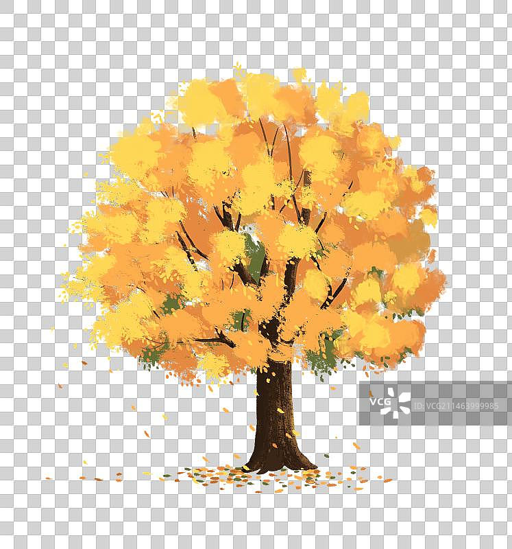 清新治愈系插画一棵树叶变黄的树图片素材