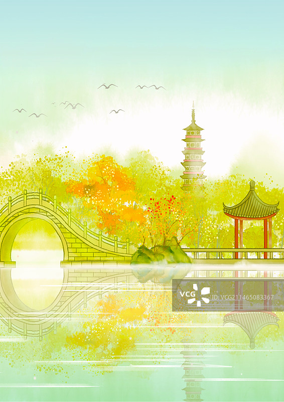 中国风扬州古建筑秋天水墨水彩插画图片素材