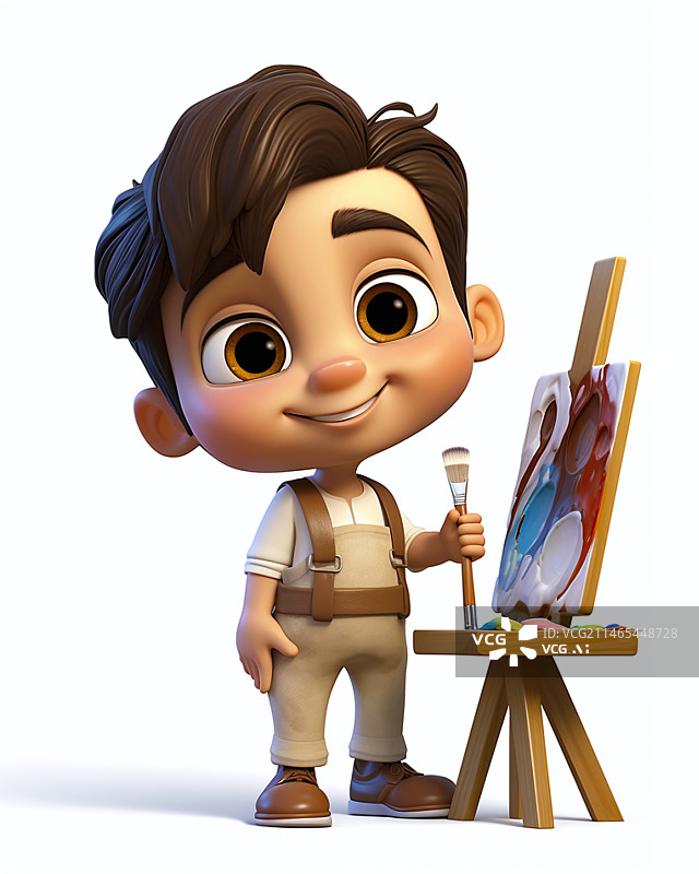 【AI数字艺术】白色背景下拿着画笔画画的可爱风卡通男孩3D儿童人物图片素材