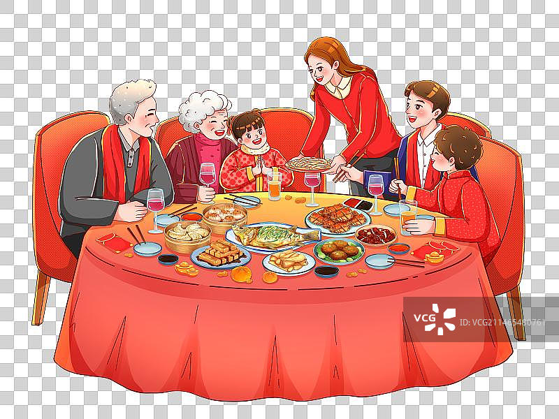 手绘新年春节中国风一家人吃团圆饭图片素材