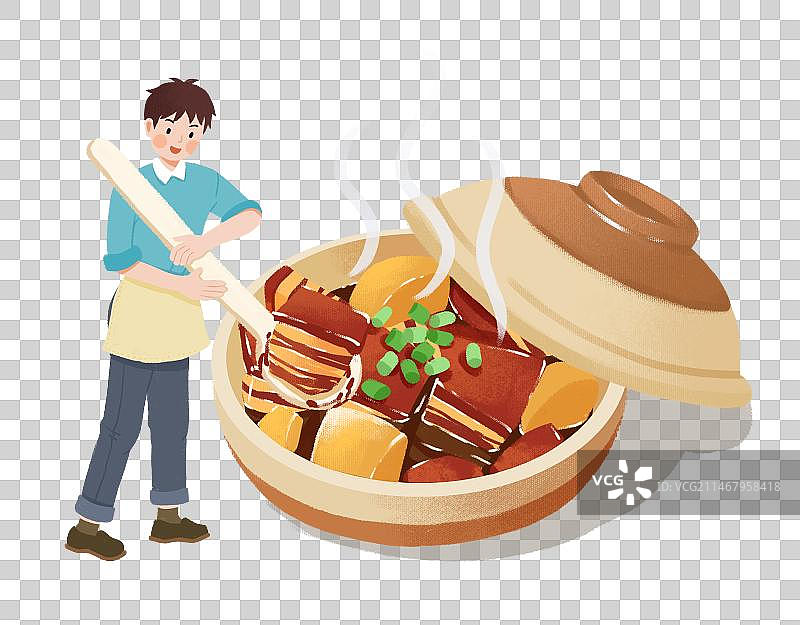 年俗节日砂锅炖肉炖大肉红烧肉男人拿着勺子家常菜图片素材