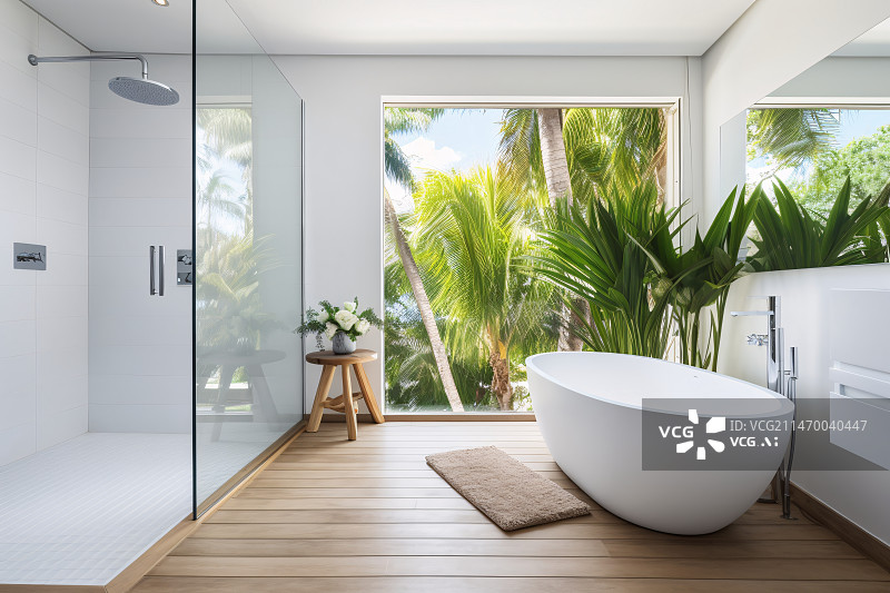 【AI数字艺术】现代浴室浴缸室内设计插图，公寓豪华浴室背景图片素材