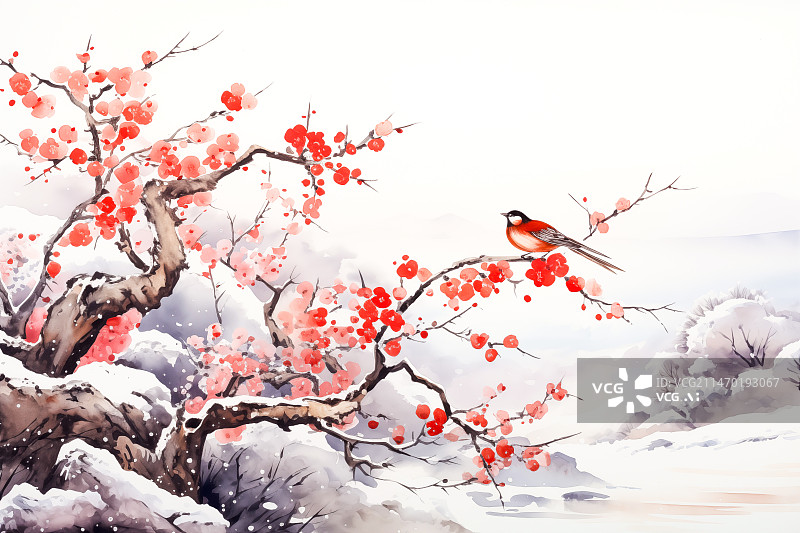 【AI数字艺术】雪景里的梅花和鸟图片素材