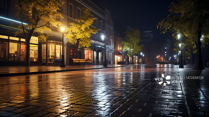 【AI数字艺术】雨后夜晚的城市街道图片素材