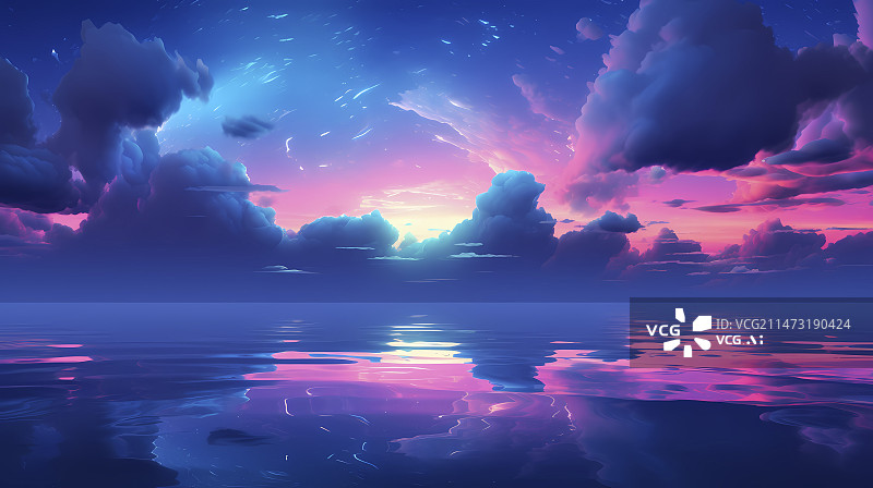【AI数字艺术】数码蓝粉色霓虹云朵星空风景抽象海报PPT背景图片素材