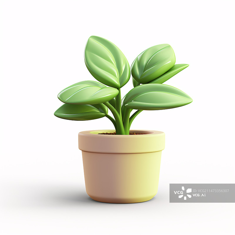 【AI数字艺术】可爱的绿色植物在花盆中3D插图，园艺家居概念元素图片素材