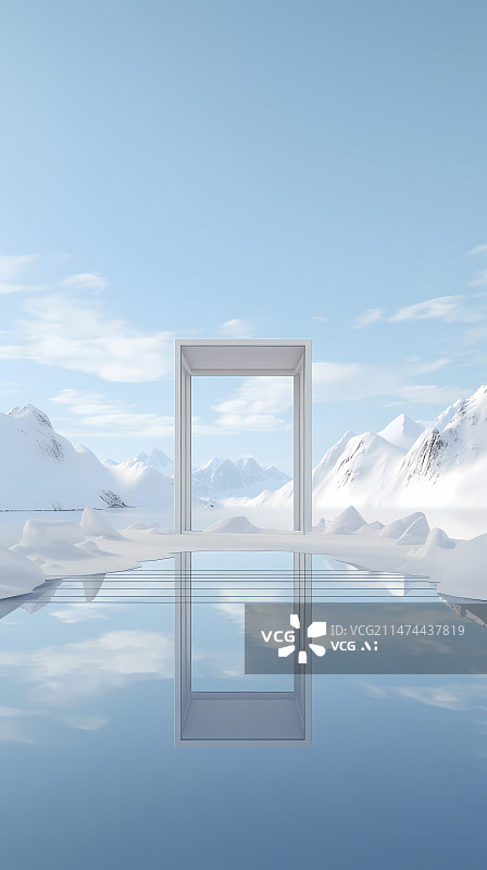 【AI数字艺术】数码白色雪山蓝天水面建筑场景图形海报背景图片素材