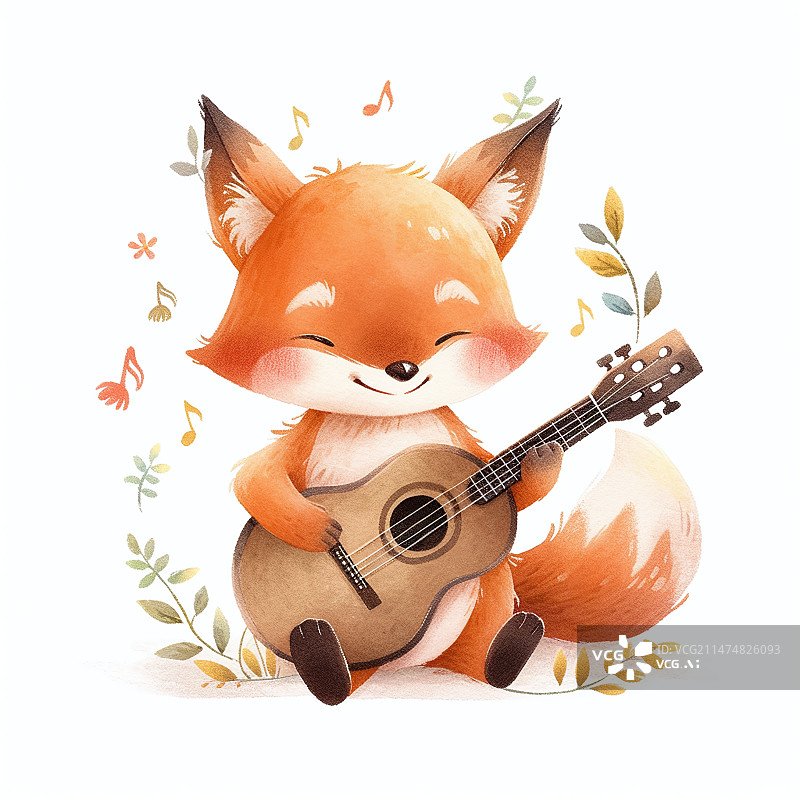 【AI数字艺术】一只正在弹吉他的可爱卡通狐狸水彩插画图片素材