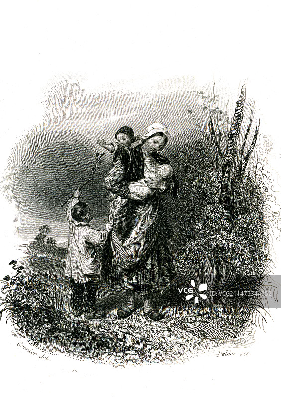 母乳喂养的母亲带着孩子，19世纪图片素材