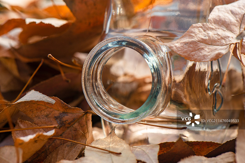 透明的空玻璃瓶在落叶堆中图片素材