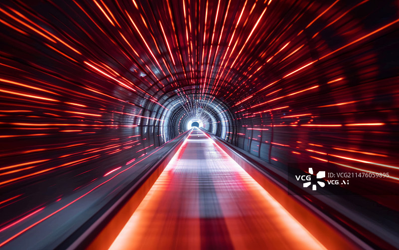 【AI数字艺术】红色发光隧道轨道交通抽象科技背景图片素材