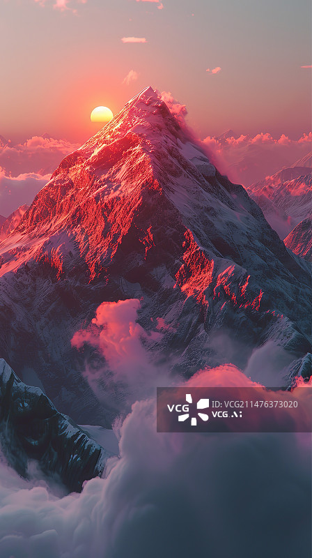 【AI数字艺术】日落时白雪皑皑的群山景色图片素材