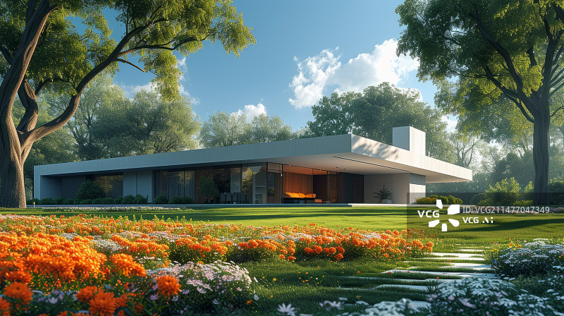 【AI数字艺术】现代住宅配备大玻璃窗和美丽的花园图片素材