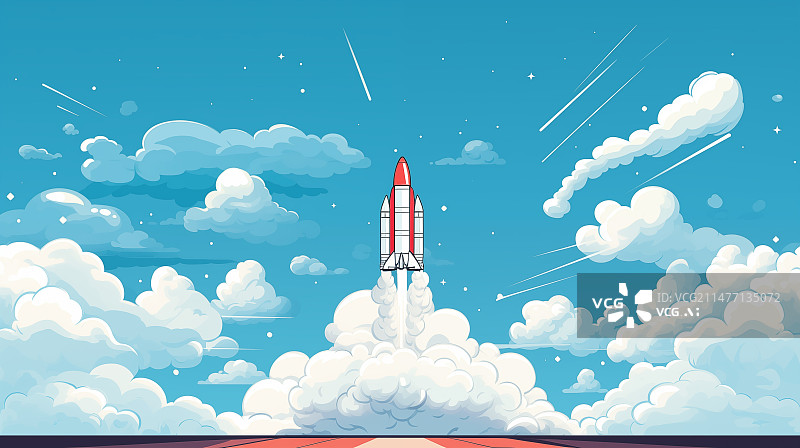 【AI数字艺术】科技背景：火箭发射升空平面插画图片素材