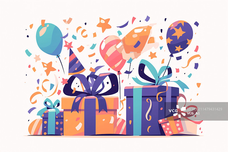 【AI数字艺术】庆祝生日礼物和气球插画，节日派对场景插图图片素材