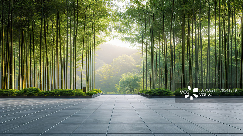 【AI数字艺术】绿色竹林石板路汽车广告背景图图片素材