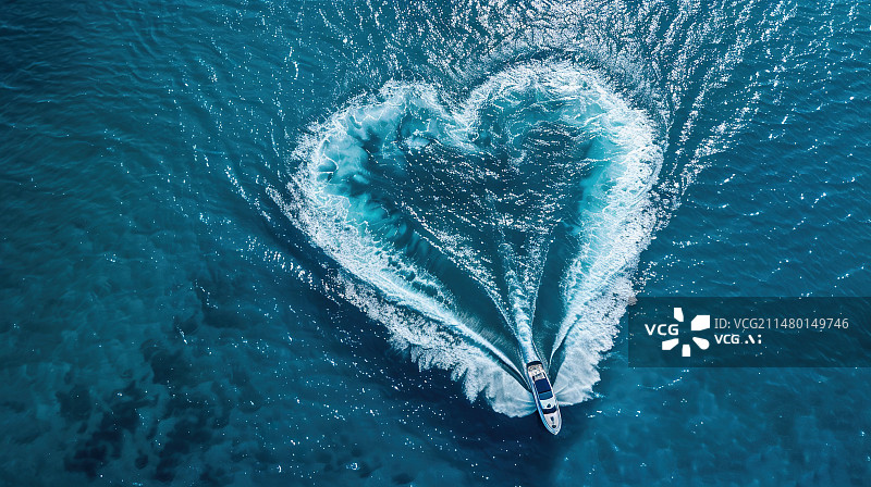 【AI数字艺术】航拍清澈的海洋上面的一艘快艇,爱心形状情人节七夕背景图片素材