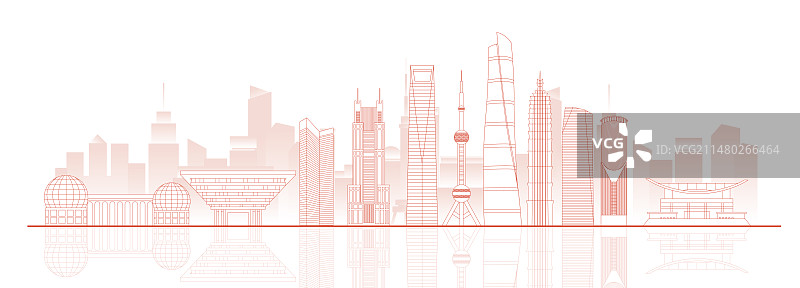 上海城市建筑地标红色线稿矢量插画图片素材