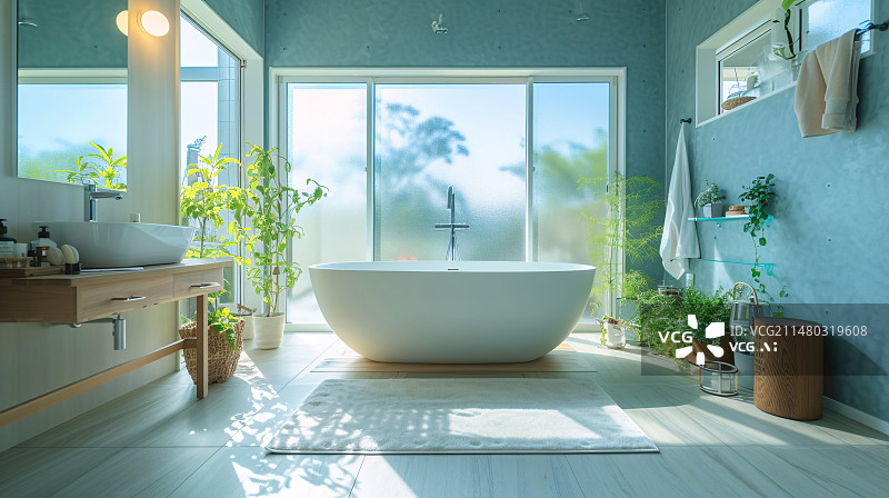 【AI数字艺术】豪华浴室内部带浴缸的卫生间，房地产房屋设计概念插图图片素材