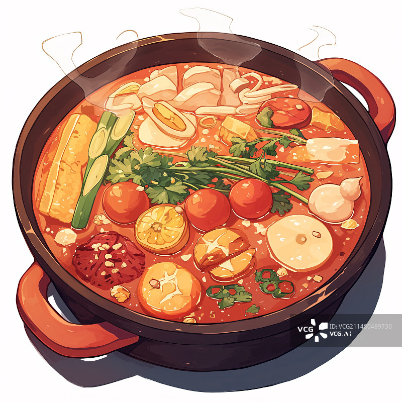 【AI数字艺术】放满食材的火锅插画，冬至节气吃火锅美食概念插图图片素材