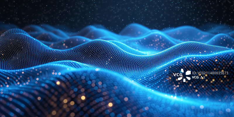 【AI数字艺术】蓝色发光粒子起伏波浪虚拟空间科技背景图片素材