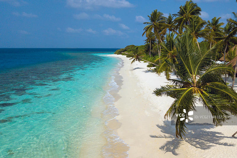 印度洋，马尔代夫，亚洲，白色沙滩上的小海浪，椰子籽(Cocos nucifera)棕榈树在海滩上投下阴影，留下绿松石色的热带泻湖和房屋礁图片素材