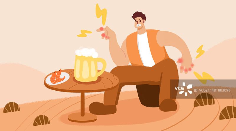 卡通手绘痛风男人喝酒吃海鲜插画图片素材
