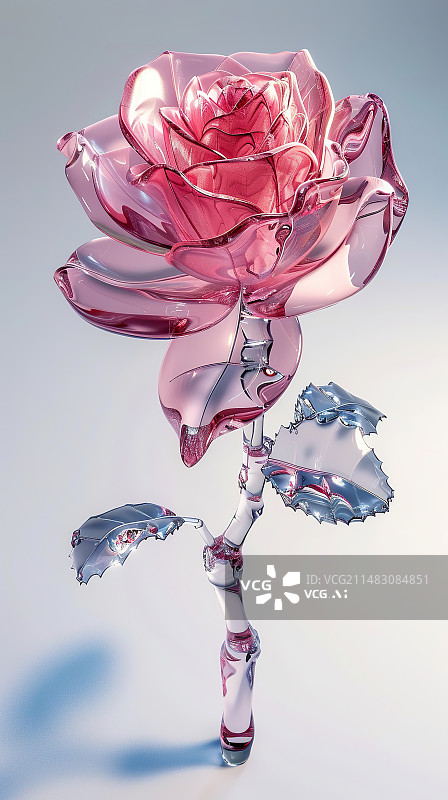 【AI数字艺术】透明玻璃质感3D立体粉红玫瑰花图片素材