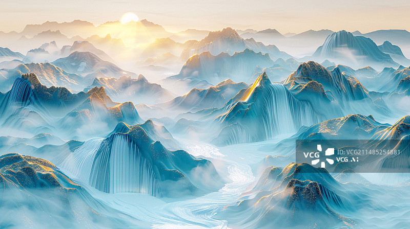 【AI数字艺术】抽象蓝色意境山水装饰画，中国风写意山水背景图片素材