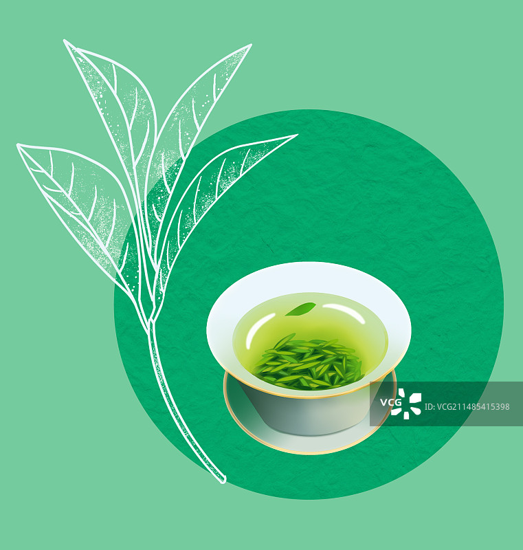 茶叶立体写实茶杯圆形切割绿色扁平简洁高级插画图片素材