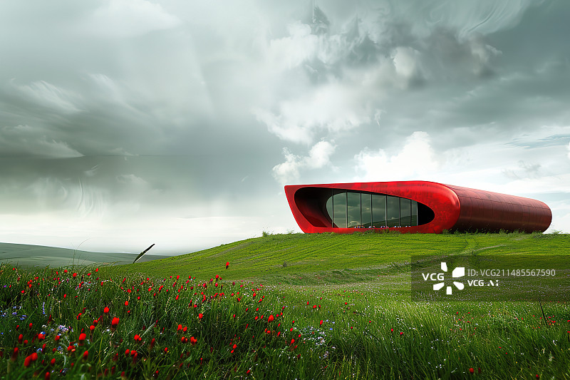 【AI数字艺术】多云的天空映衬着田野上的红色罂粟花图片素材