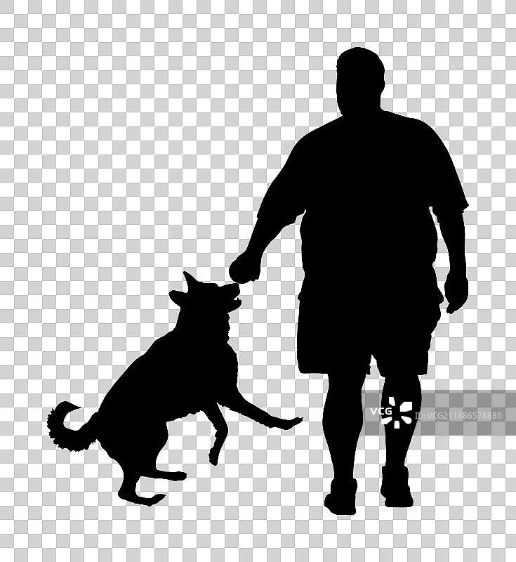 带着狗走的胖子剪影图片素材