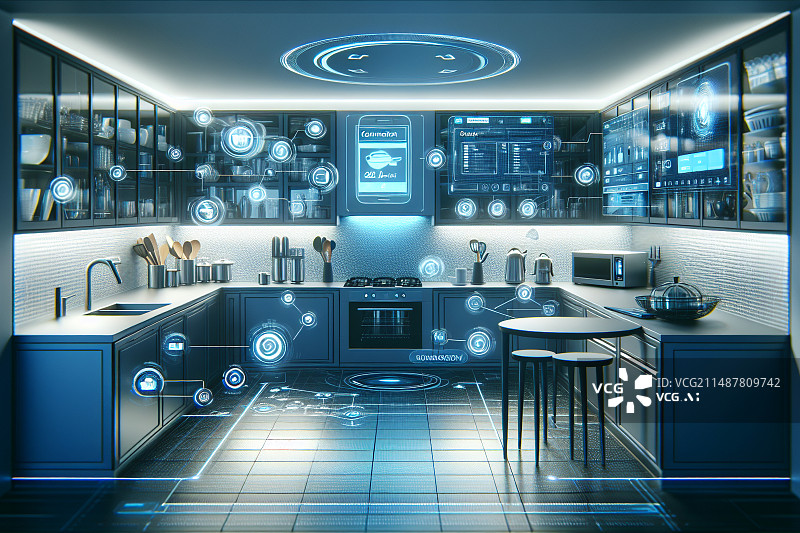 【AI数字艺术】3D科技感厨房场景图片素材