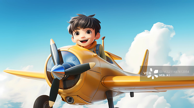 【AI数字艺术】儿童节插画，一个可爱的东方黑头发的男孩和一个可爱的女孩坐在卡通飞机上在天空飞翔图片素材