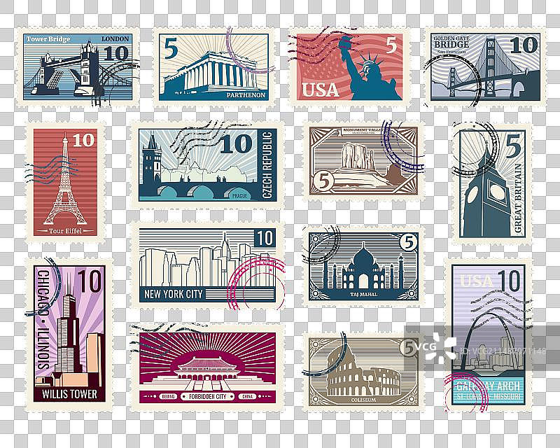 旅游度假邮票与建筑图片素材