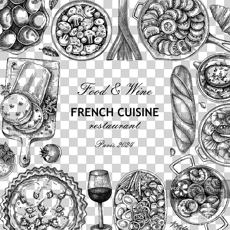 法式食品框架设计复古食品和葡萄酒图片素材