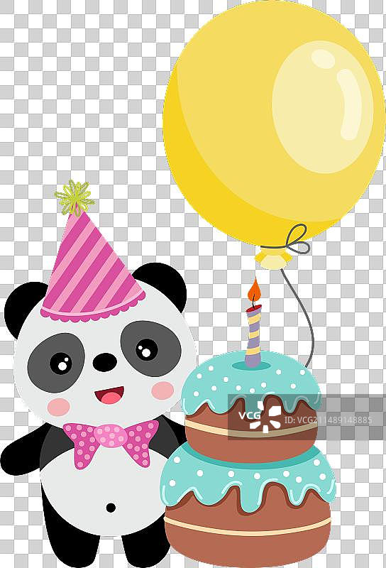 可爱的熊猫，气球和快乐的生日蛋糕图片素材