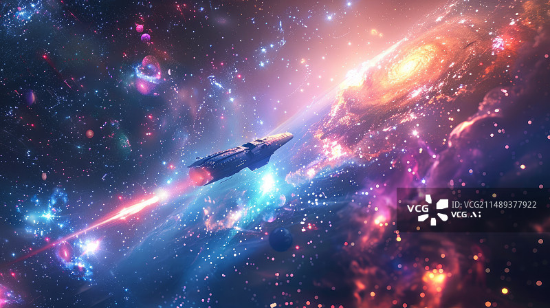【AI数字艺术】航行在宇宙星云星系背景下的飞船图片素材