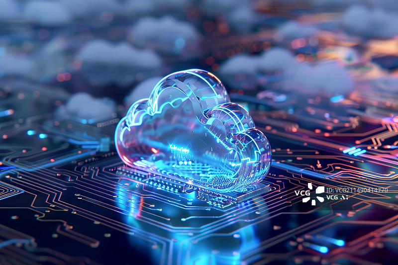【AI数字艺术】一朵云在电路板上——未来科技云计算数据处理概念图片素材
