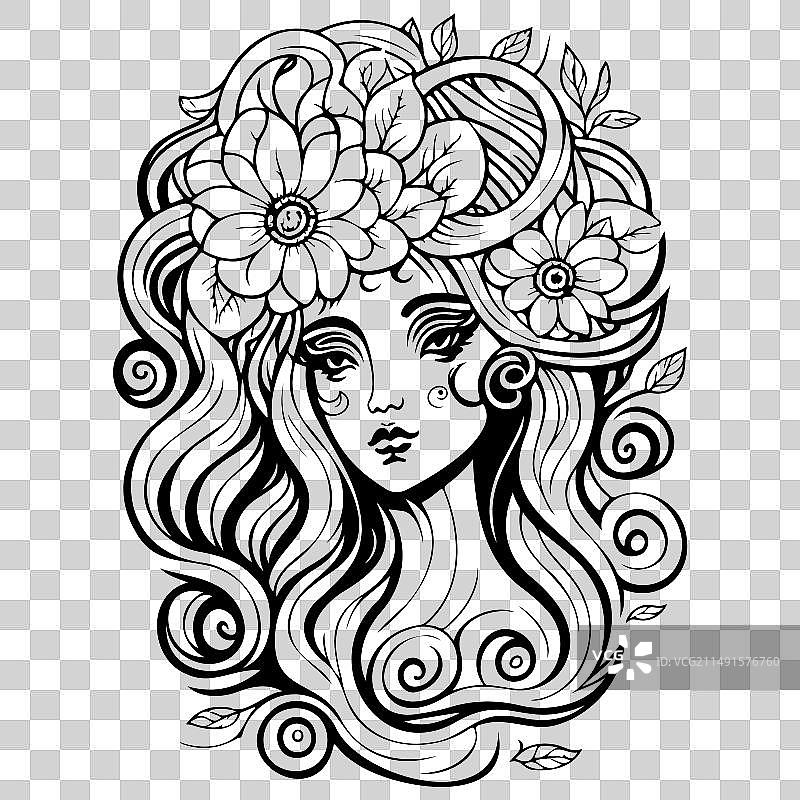 神话美杜莎可怕与花卉素描手绘图片素材