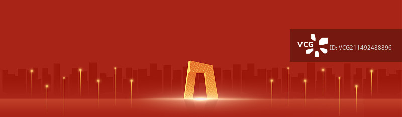 红色党建展板插画，中央电视台总部大楼城市天际线，北京周年庆高端插画图片素材