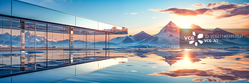 【AI数字艺术】日落时白雪皑皑的群山映衬下的湖景图片素材