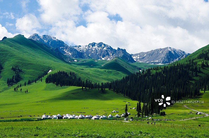 雪山下草原上的蒙古包图片素材