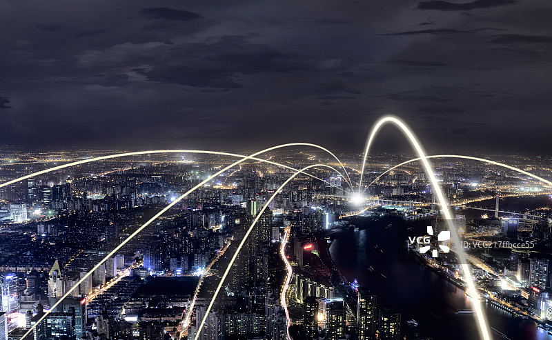科技互联概念的上海城市全景夜景图片素材