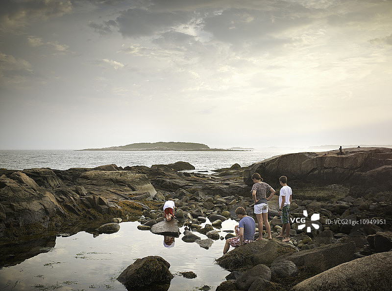 一群人在岸边，在岩石上池水，探索着海洋生物。近海岛屿的景色。图片素材
