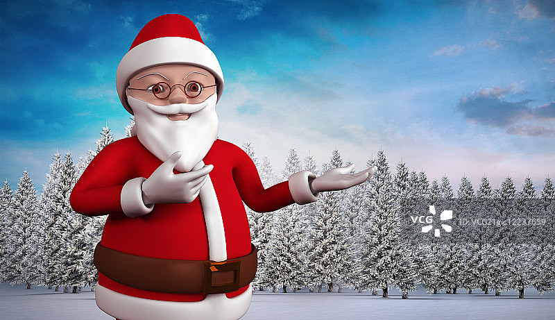 可爱的卡通圣诞老人在杉树林雪景图片素材