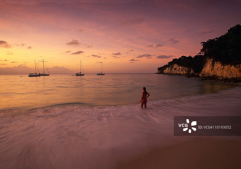 女人站在冲浪，后视镜，日落，瓜德罗普岛，加勒比海图片素材