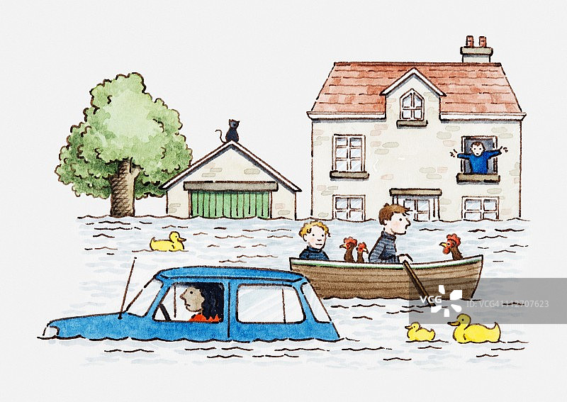 洪水淹没的街道，房子和汽车部分被水淹没，人们在船上旅行图片素材
